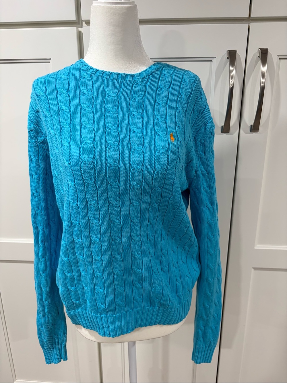 Ralph Lauren Turquoise Cable-Knit Crewneck Sweater with Yellow Pony
